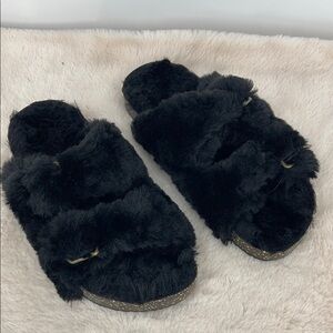 SINTETICO SIZE 8 WOMENS Black Plush Open Toe Slippers